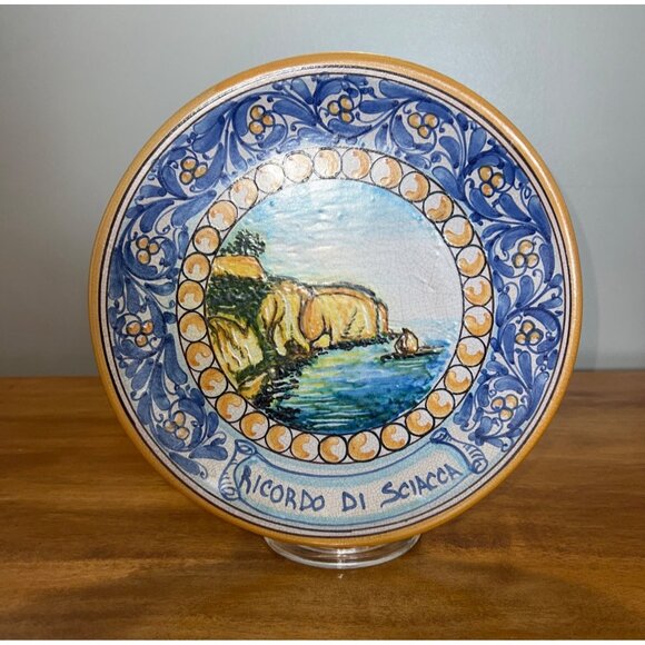 Vintage Italian Ceramic Wall Art Plate SicilyCoast Signed Scucca